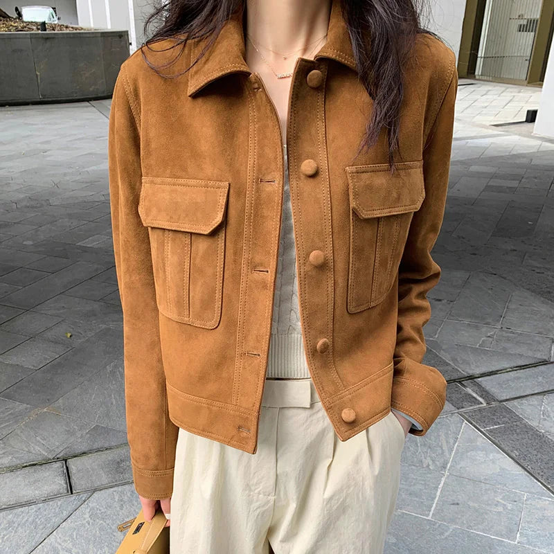 Lady Genuine Sheepskin Suede Leather Jacket 2023 Autumn Winter Leather Blazer Women's Suit TF5844