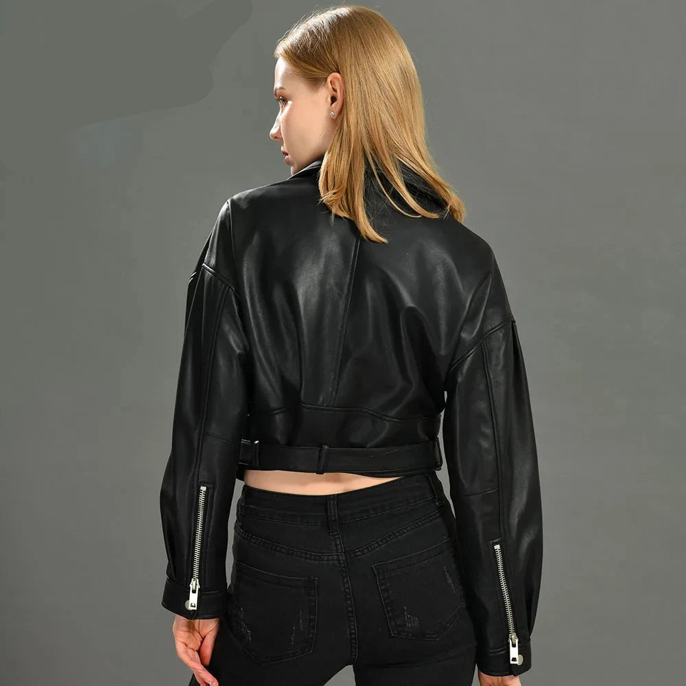 Brando woman's genuine sheepskin leather short style biker jacket.