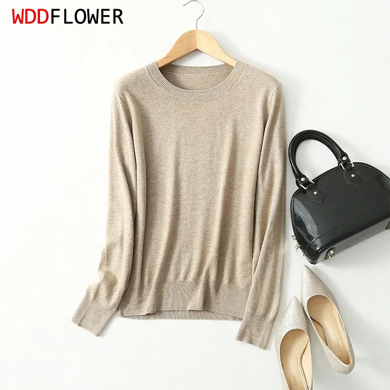 Women luxurious 85% Silk 15% Cashmere Round Neck Long Sleeve Pullover Sweater Top