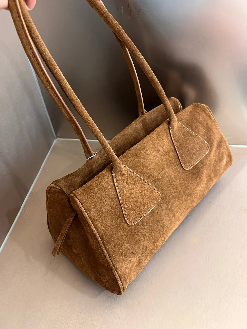 High-grade genuine leather (suede and full grain)  triangular leather handbag   320x150x170mm