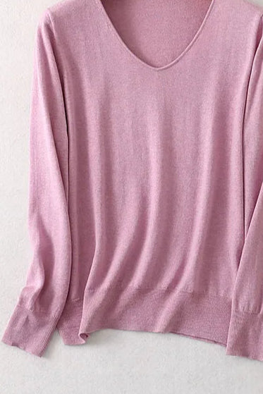 Women Luxurious 85% Silk 15% Cashmere V Neck Long Sleeve Pullover Sweater