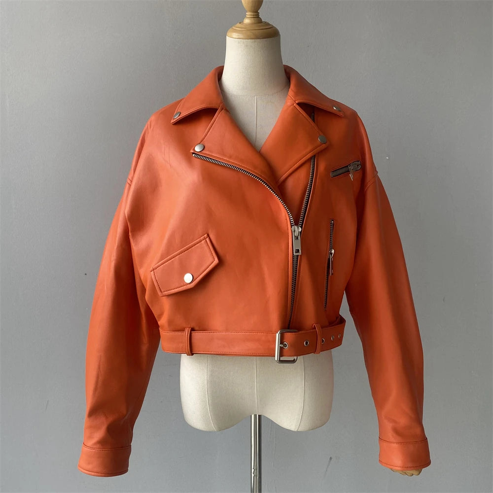 Brando woman's genuine sheepskin leather short style biker jacket.