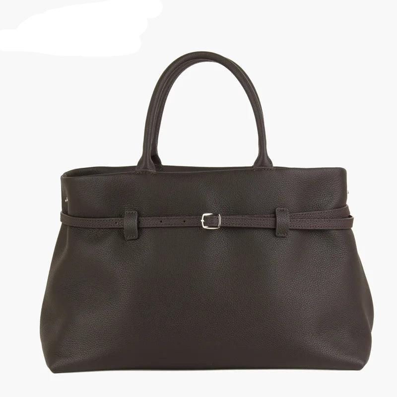 High Quality Full Grained Calfskin Handbag Sliver Buckle with Shoulder Strap