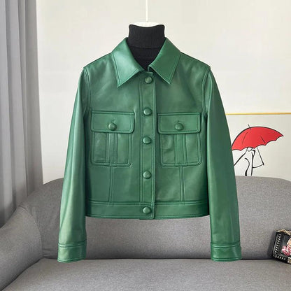Short beautifly soft and luxurious Real Sheepskin Leather Jackets Chic Lapel Single-breasted - Moda-Airneis