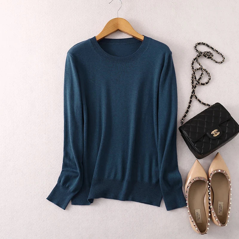 Women luxurious 85% Silk 15% Cashmere Round Neck Long Sleeve Pullover Sweater Top