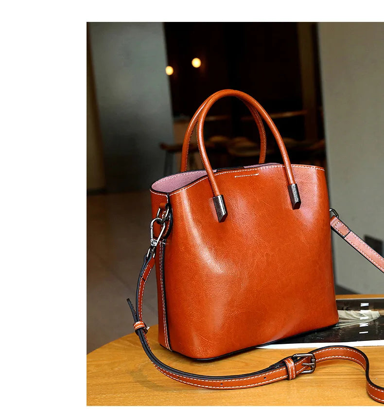 Cute Versatile Oil Wax Cowhide Bucket Bag Women's Shoulder / Crossbody Bag  220x230x110mm  (8 3/4" x 9" x 4 1/2') with front  pocket