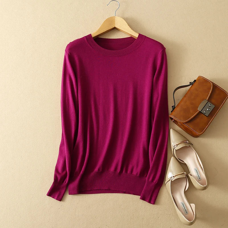 Women luxurious 85% Silk 15% Cashmere Round Neck Long Sleeve Pullover Sweater Top