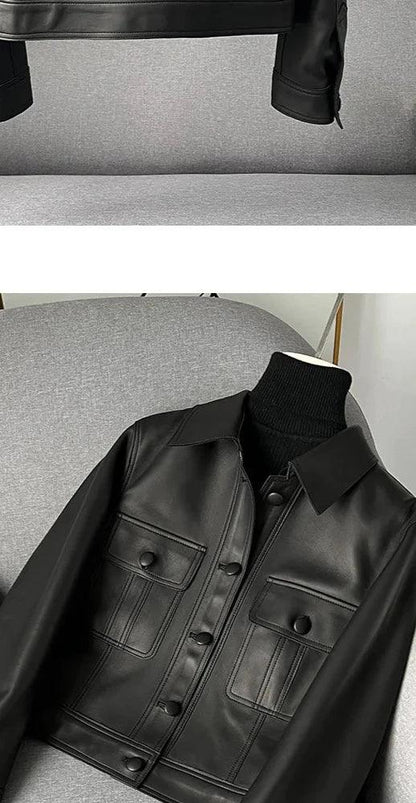 Short beautifly soft and luxurious Real Sheepskin Leather Jackets Chic Lapel Single-breasted - Moda-Airneis