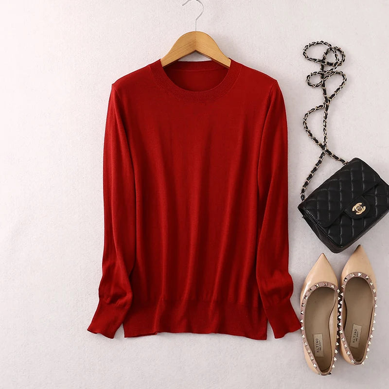 Women luxurious 85% Silk 15% Cashmere Round Neck Long Sleeve Pullover Sweater Top