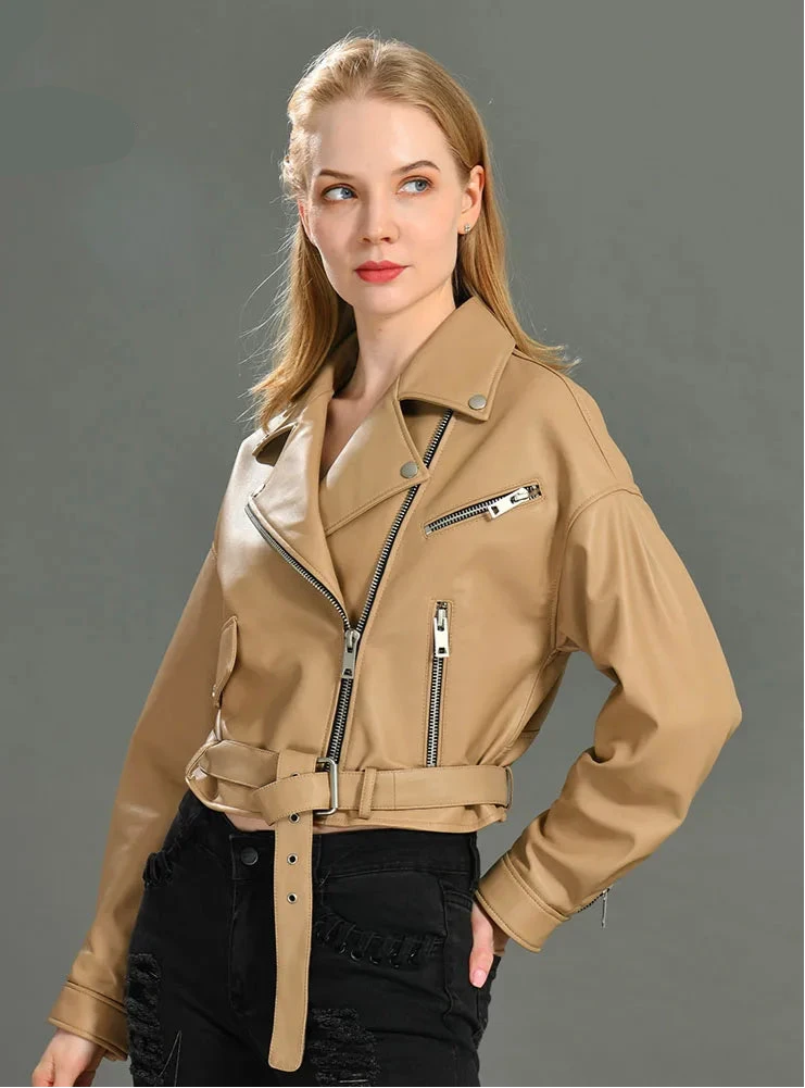 Brando woman's genuine sheepskin leather short style biker jacket.