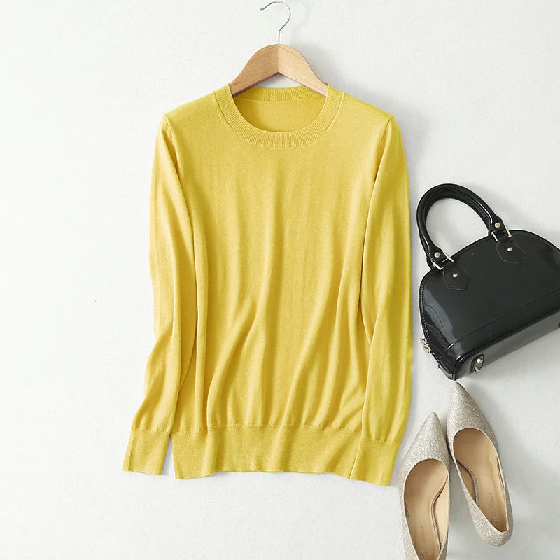 Women luxurious 85% Silk 15% Cashmere Round Neck Long Sleeve Pullover Sweater Top