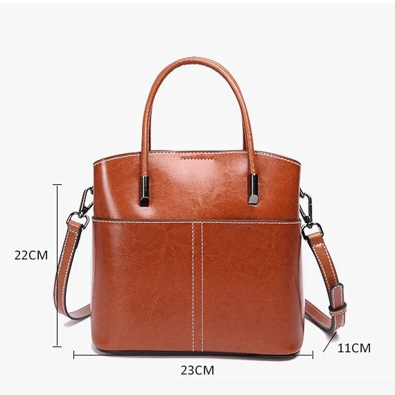 Cute Versatile Oil Wax Cowhide Bucket Bag Women's Shoulder / Crossbody Bag  220x230x110mm  (8 3/4" x 9" x 4 1/2') with front  pocket