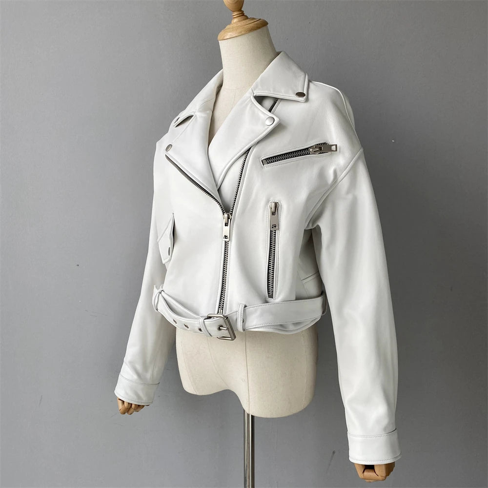 Brando woman's genuine sheepskin leather short style biker jacket.