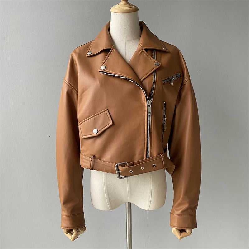 Brando woman's genuine sheepskin leather short style biker jacket.