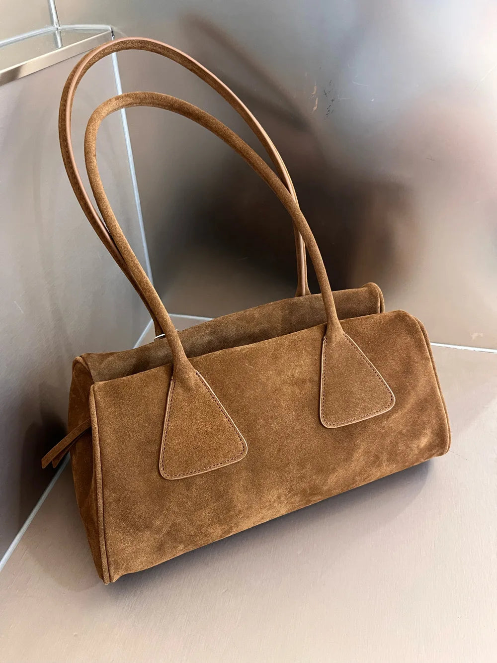 High-grade genuine leather (suede and full grain)  triangular leather handbag   320x150x170mm