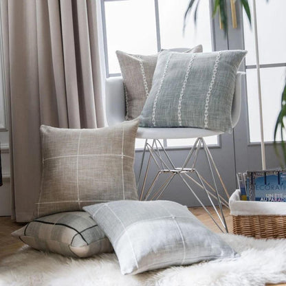 Simple Plaid Cushion Cover Brown Grey Embroidery Stripe 45x45cm 60x60cm Cotton Linen Pillow Cover Home Decoration Living Room - Moda-Airneis