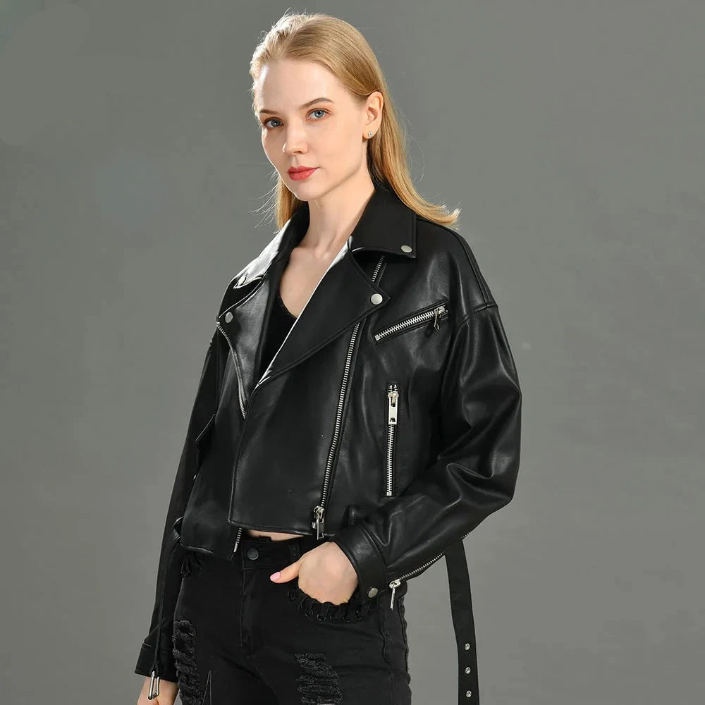 Brando woman's genuine sheepskin leather short style biker jacket.