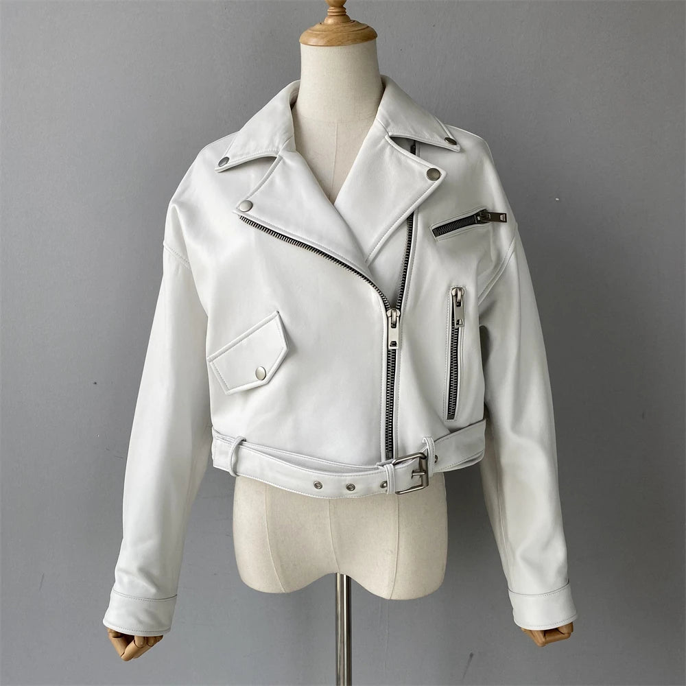 Brando woman's genuine sheepskin leather short style biker jacket.