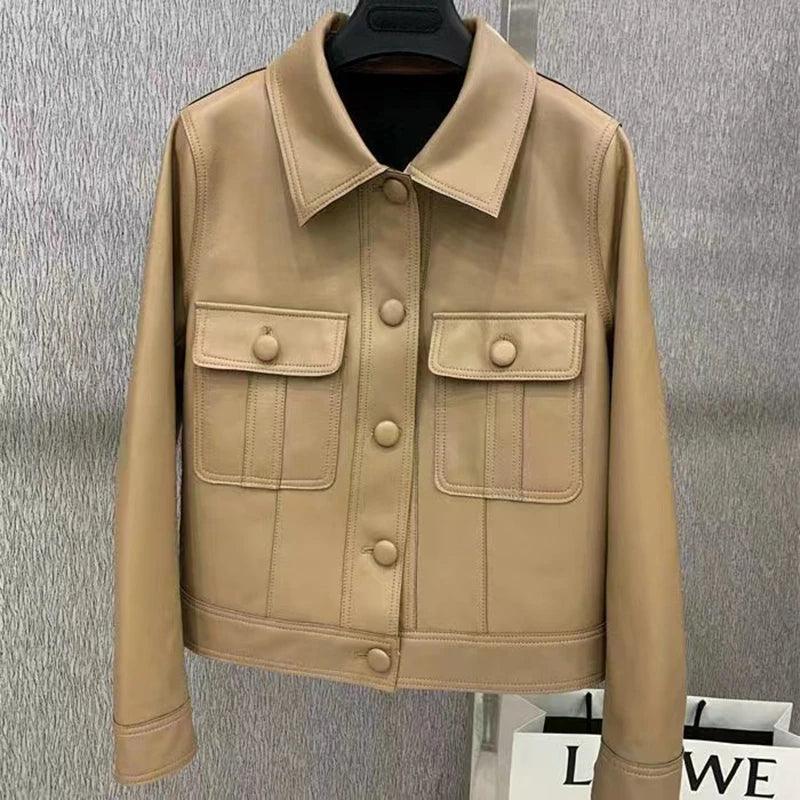 Short beautifly soft and luxurious Real Sheepskin Leather Jackets Chic Lapel Single-breasted - Moda-Airneis