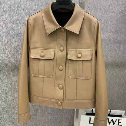 Short beautifly soft and luxurious Real Sheepskin Leather Jackets Chic Lapel Single-breasted - Moda-Airneis