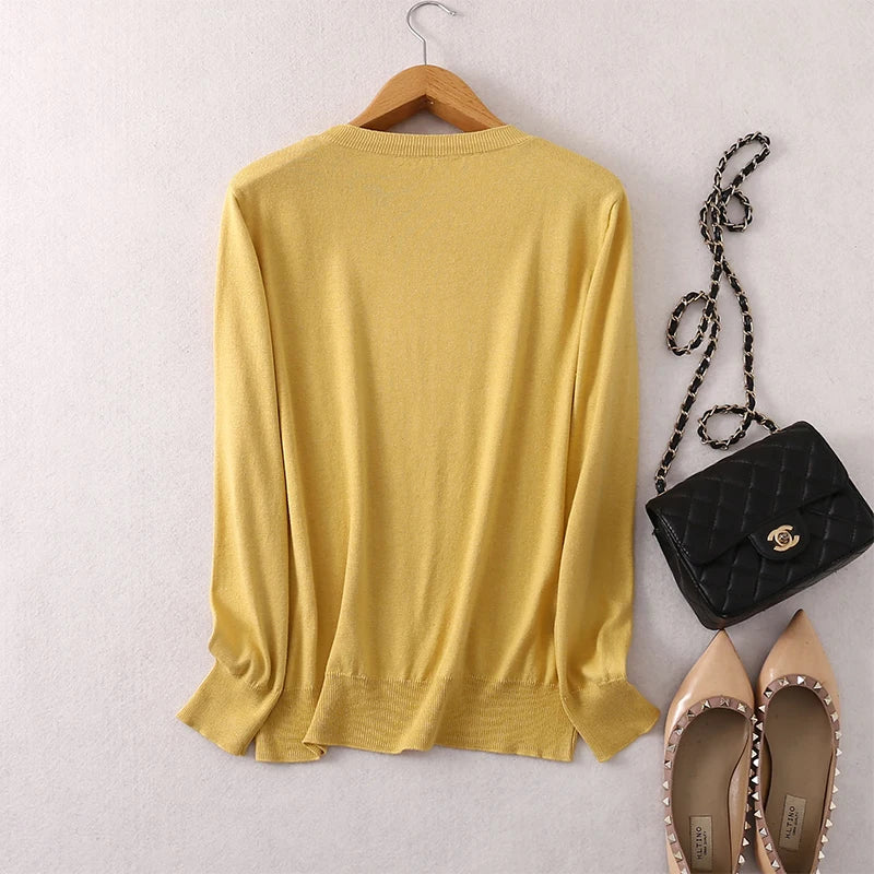 Women luxurious 85% Silk 15% Cashmere Round Neck Long Sleeve Pullover Sweater Top