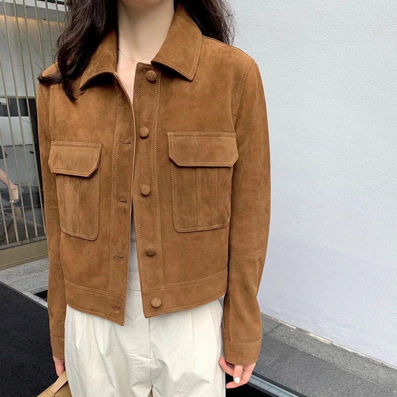 Lady Genuine Sheepskin Suede Leather Jacket 2023 Autumn Winter Leather Blazer Women's Suit TF5844