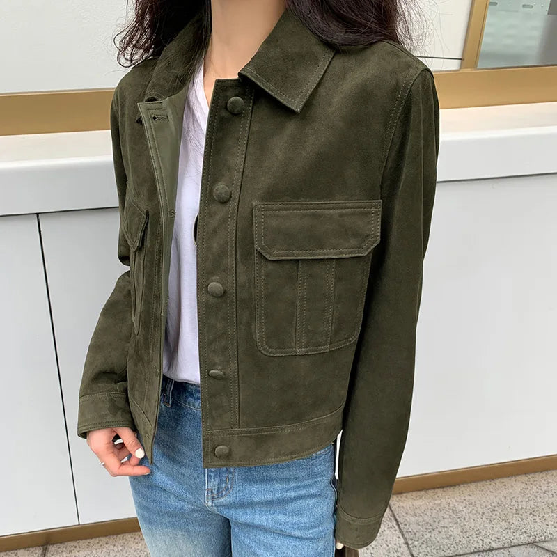 Lady Genuine Sheepskin Suede Leather Jacket 2023 Autumn Winter Leather Blazer Women's Suit TF5844