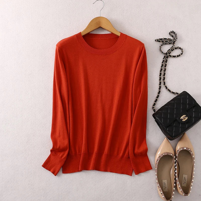 Women luxurious 85% Silk 15% Cashmere Round Neck Long Sleeve Pullover Sweater Top