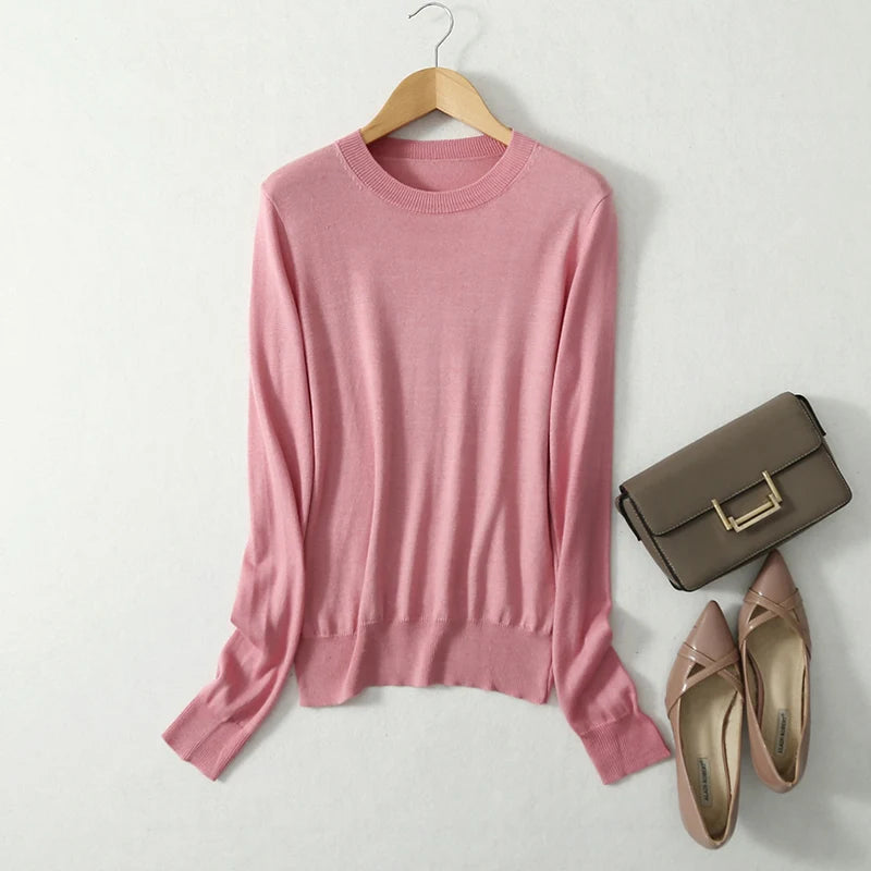 Women luxurious 85% Silk 15% Cashmere Round Neck Long Sleeve Pullover Sweater Top