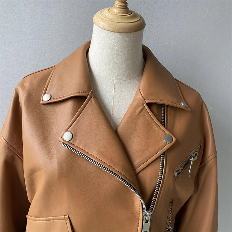 Brando woman's genuine sheepskin leather short style biker jacket.