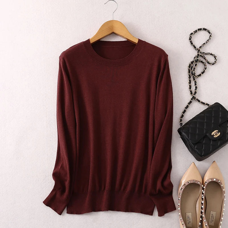 Women luxurious 85% Silk 15% Cashmere Round Neck Long Sleeve Pullover Sweater Top