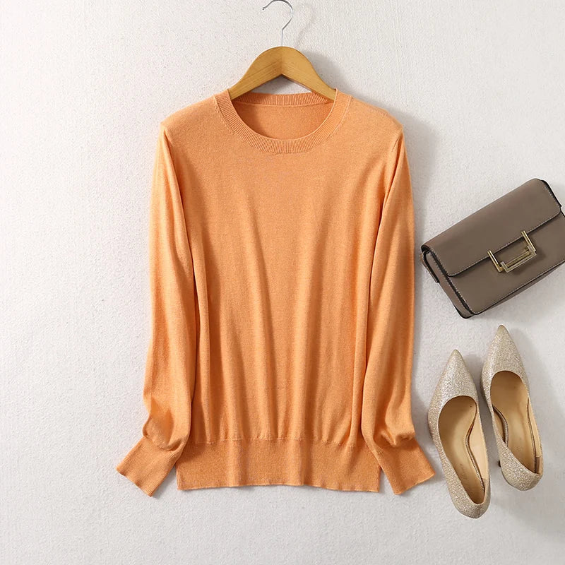 Women luxurious 85% Silk 15% Cashmere Round Neck Long Sleeve Pullover Sweater Top