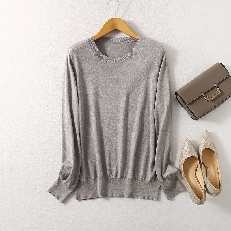 Women luxurious 85% Silk 15% Cashmere Round Neck Long Sleeve Pullover Sweater Top