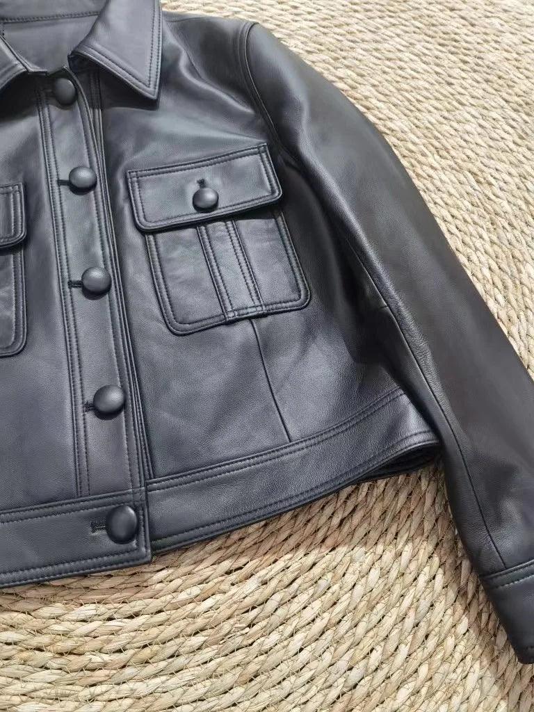 Short beautifly soft and luxurious Real Sheepskin Leather Jackets Chic Lapel Single-breasted - Moda-Airneis
