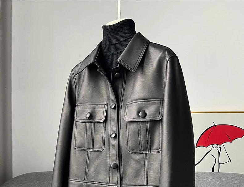 Short beautifly soft and luxurious Real Sheepskin Leather Jackets Chic Lapel Single-breasted - Moda-Airneis