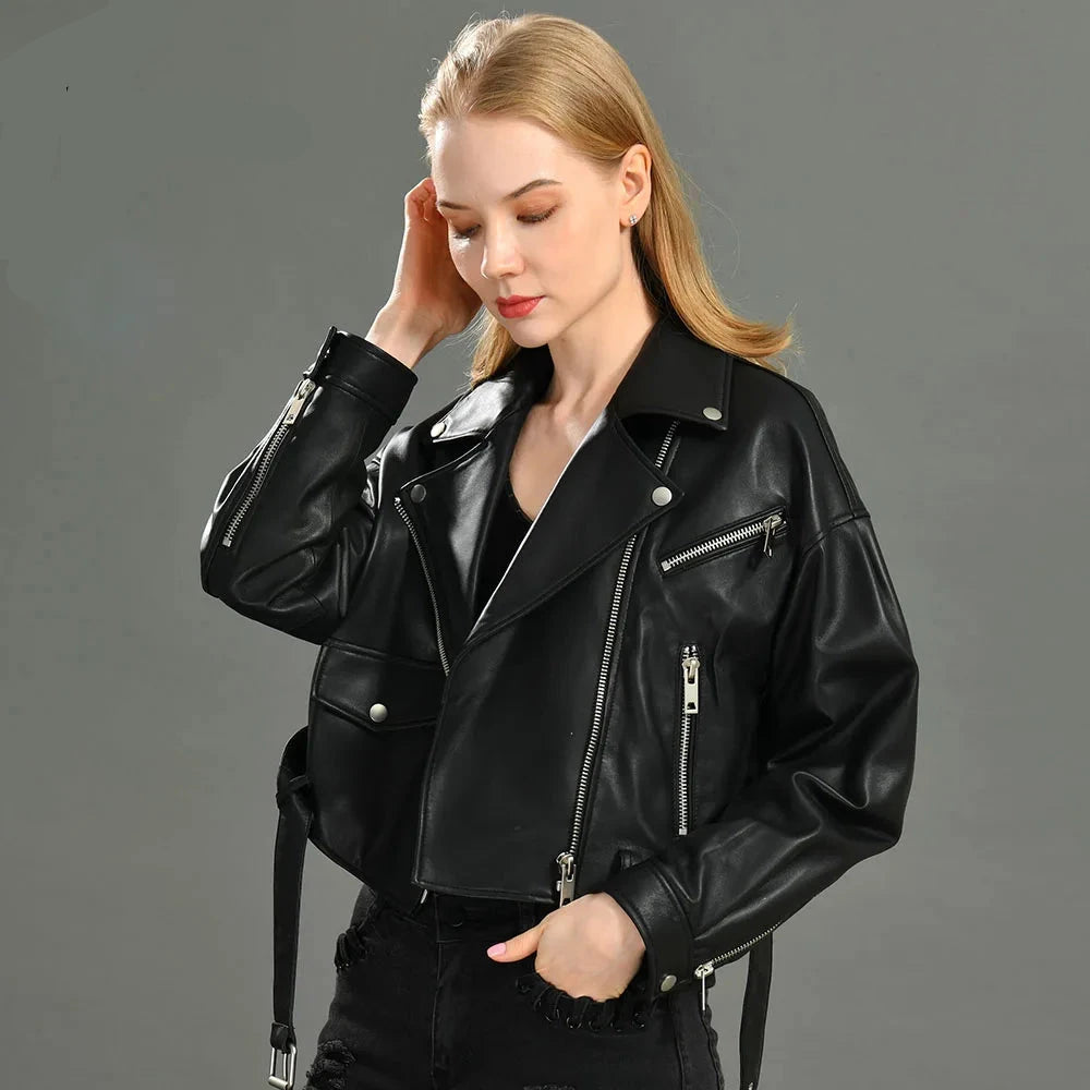 Brando woman's genuine sheepskin leather short style biker jacket.