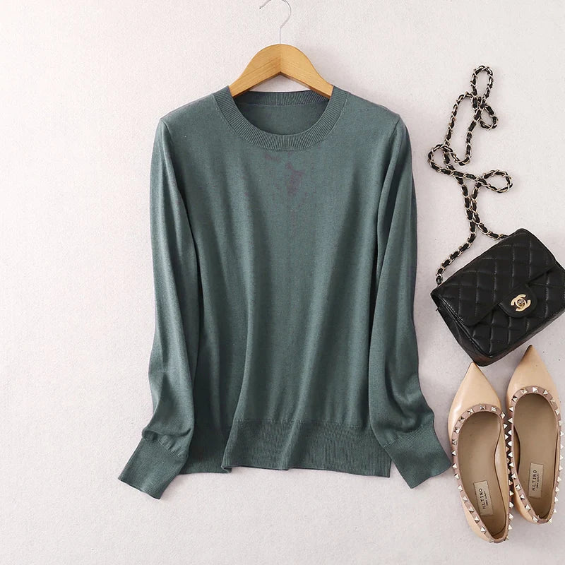 Women luxurious 85% Silk 15% Cashmere Round Neck Long Sleeve Pullover Sweater Top