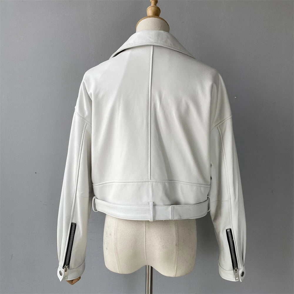 Brando woman's genuine sheepskin leather short style biker jacket.