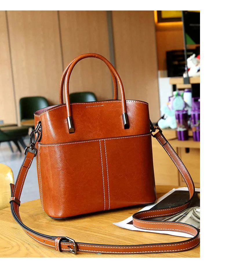 Cute Versatile Oil Wax Cowhide Bucket Bag Women's Shoulder / Crossbody Bag  220x230x110mm  (8 3/4" x 9" x 4 1/2') with front  pocket