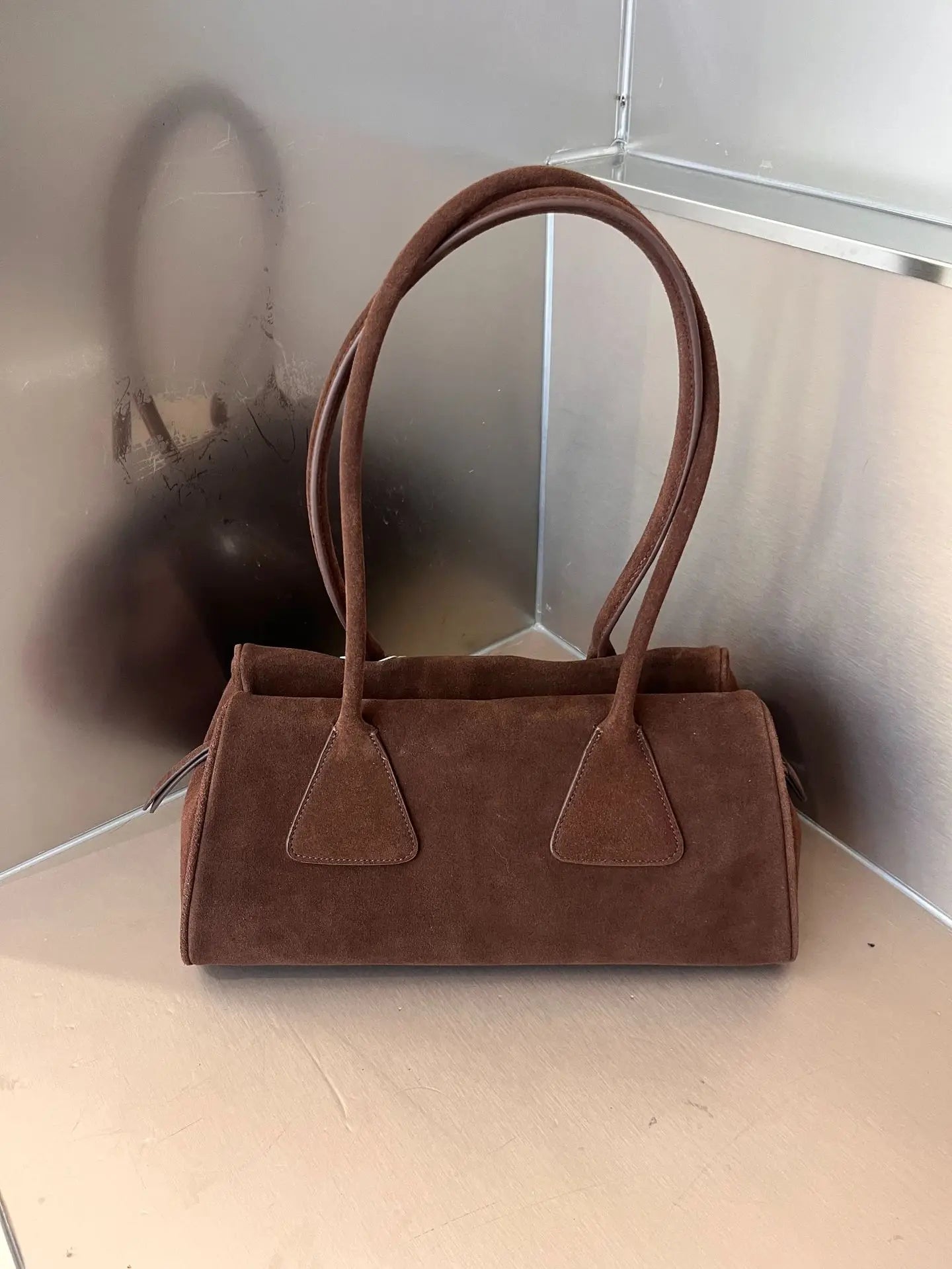 High-grade genuine leather (suede and full grain)  triangular leather handbag   320x150x170mm