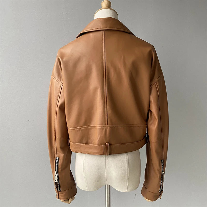 Brando woman's genuine sheepskin leather short style biker jacket.