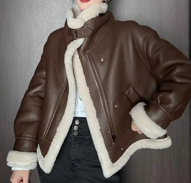 Luxury Real Sheepskin Shearling Leather Jacket  wool on inside soft luxurious shell.