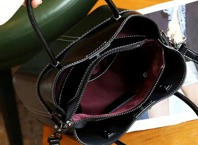 Cute Versatile Oil Wax Cowhide Bucket Bag Women's Shoulder / Crossbody Bag  220x230x110mm  (8 3/4" x 9" x 4 1/2') with front  pocket