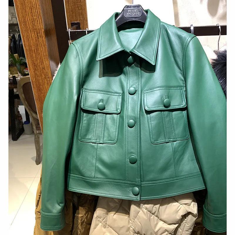 Short beautifly soft and luxurious Real Sheepskin Leather Jackets Chic Lapel Single-breasted - Moda-Airneis