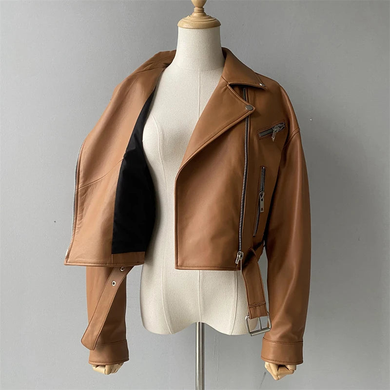 Brando woman's genuine sheepskin leather short style biker jacket.