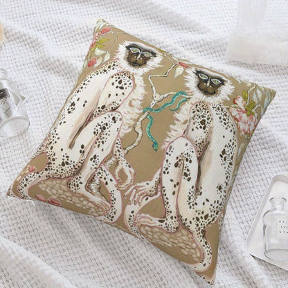 Monkeys Chinoiserie on Beige with Short Plush Double Sided pattern 18 x 18" - Moda-Airneis