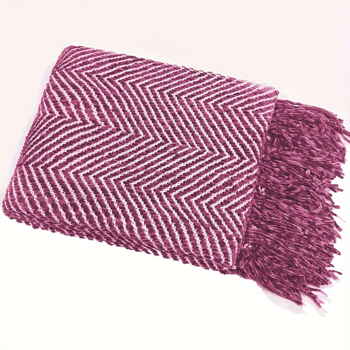 Cozy Striped jacquard knit Throw Blanket with Tassel fringe edge.  Burgundy , green stripe tones.   51 x 71"  130 x 180cm