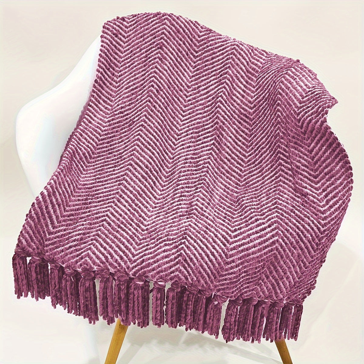 Cozy Striped jacquard knit Throw Blanket with Tassel fringe edge.  Burgundy , green stripe tones.   51 x 71"  130 x 180cm