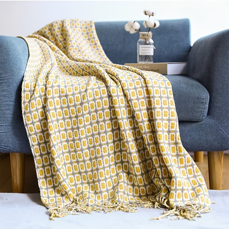 Soft & Cozy Yellow Knit Throw Blanket with Fringe